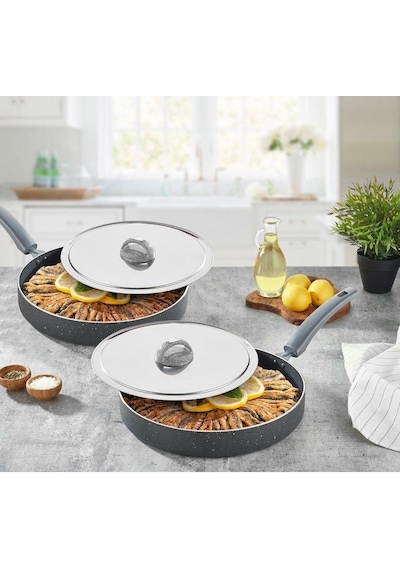 Eda Granit Balık Tavası - 32 Cm Kapaklı Balık Tavası Gri