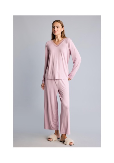 Defacto Regular Fit V Yaka Uzun Kollu Üst Geniş Kesim Alt Pijama Takımı H9101ax26aubr488 Bordo-br488