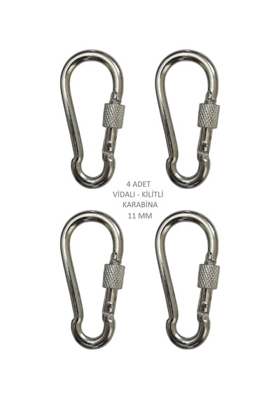 Galvanizli Vidalı Kilitli Karabina, 11 Mm, Askı, Çengel, Kanca, Anahtarlık 4 Adet
