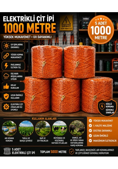 Elektirikli Çit İpi 1000 Metre Turuncu 5 Adet Turuncu