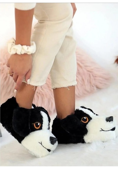 Papucumun Dünyası Unisex Yumuşak Taban Sevimli Köpek Panduf Yetişkin Ve Çocuk Kız Ve Erkek Panduf Siyah