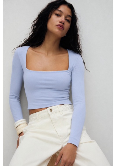 Seeh Mavi Kare Yaka Uzun Kollu Kadın Body Sh206