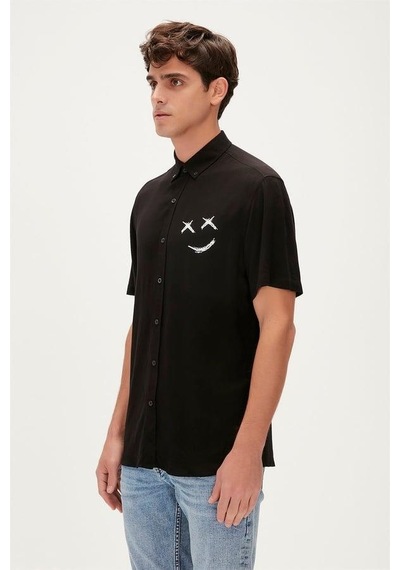 Bad Bear Smile Shirt 23.01.30.004s Siyah Kısa Kollu Baskılı Erkek Gömlek Siyah