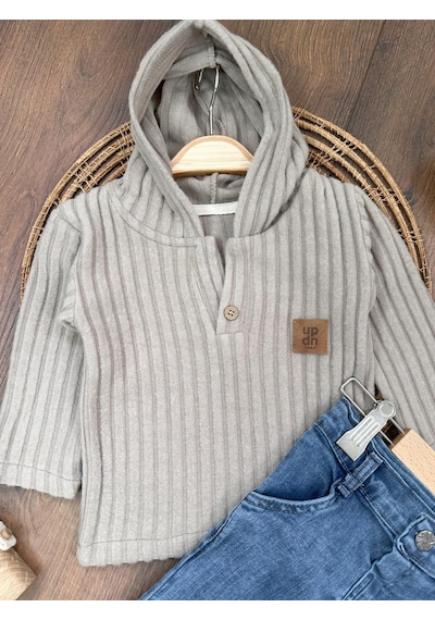 Bebicix Yumuşak Doku Sweatshirt Esnek Kot Pantalonlu Erkek Bebek 2'li Takım Kahverengi