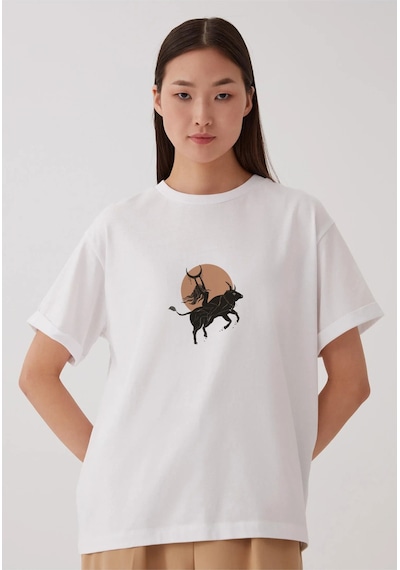 Noıssey Boğa Burcu Tasarımlı Baskılı - Unisex Oversize Beyaz T-shirt Çok Renkli