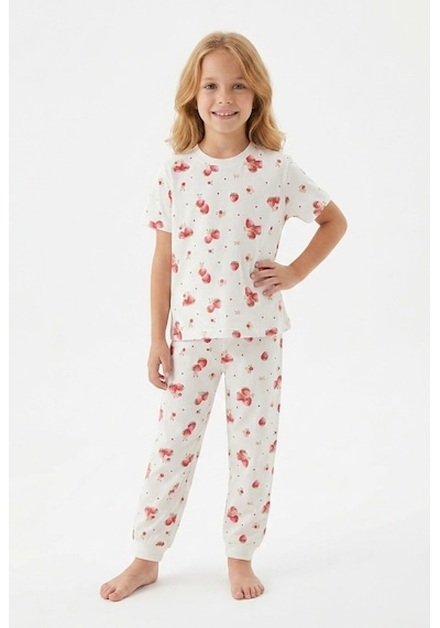 Bunny Hopp Kız Çocuk Pijama Takımı %100 Pamuk Çilek Desenli Yazlık Kısa Kollu Beyaz