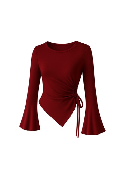 Wild Flower Bordo Yuvarlak Yaka Drape Detaylı İspanyol Kol Tesettür Uyumlu Üst Bluz Bordo