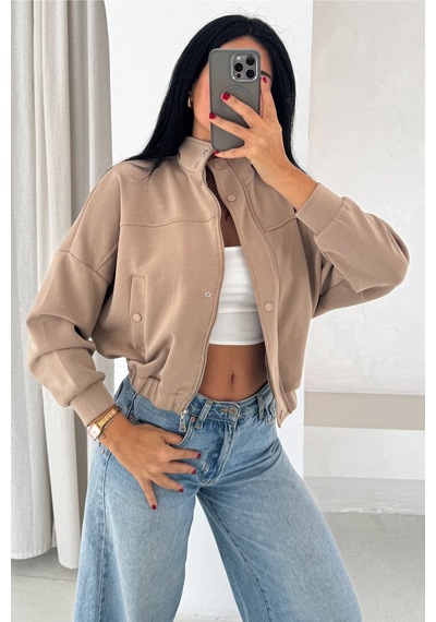 Femelle Kadın Taba Fermuarlı Düğmeli Modal Kumaş Premium Crop Ceket