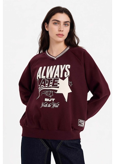 Defacto Oversıze Geniş Kalıp V Yaka Baskılı Kalın Kumaş Sweatshirt G9598ax26spbr171 Bordo-br171