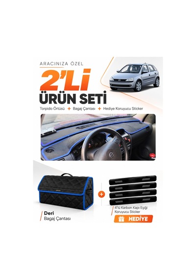 E-biz Opel Corsa C 2001-2011 Uyumlu Torpido Örtüsü + Deri Bagaj Çantası Seti - Siyah-mavi - Op007