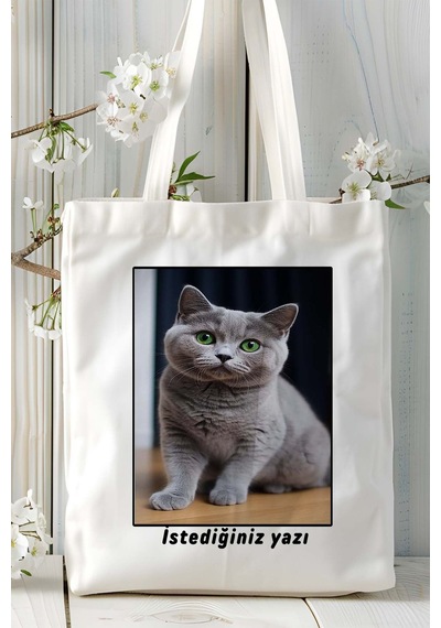 Art Hediye British Shorthairt Kedi Baskılı Bez Çanta Omuz Çantası Kişiye Özel Model 11 Çok Renkli