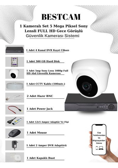 1 Kameralı Set 5 Mp Sony Lensli Full Hd Dome Kamera 500 Gb Hdd