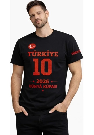 Butik İstanbul Erkek Türkiye Baskılı Tişört 2026 Dünya Kupası Taraftar Forma T-shirt - Siyah