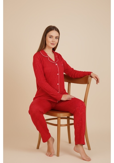 Bravie Luxury Viscose Kırmızı Puantiye Desenli Kadın Uzun Kollu Büyük Beden Pijama Takımı 42517 Bordo