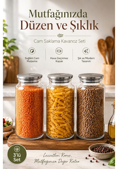 Porsima 4406 Bormio Metal Kapaklı 3lü Cam Kavanoz Seti Vakum Kapaklı Saklama Düzenleme Kabı Seti 1400ml