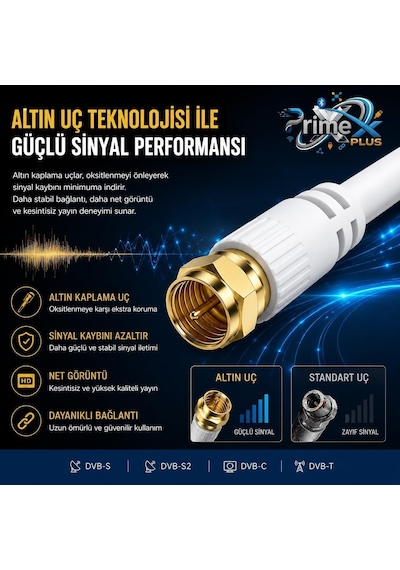 Px-tv1 1 Metre Rg6 Full Hd Tv Uydu Kablosu, Altın Uç Anten Kablosu, Dvb-t, Dvb-c, Dvb-s, Dvb-s2 Beyaz