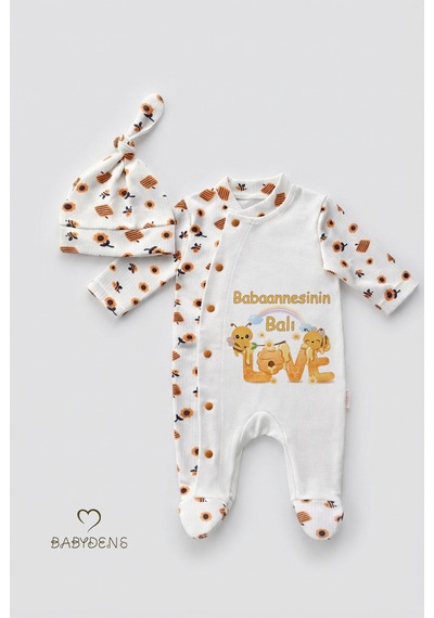 Babyden's Babaannesinin Balı Yazılı Yenidoğan Bebek Tulum Şapka Set Arı Desenli Çıtçıtlı Unisex Tulum Ekru - Çok Renkli