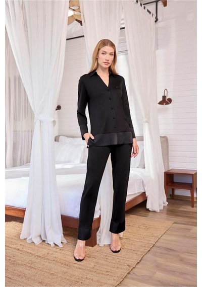 Modenya Uzun Kollu Önü Düğmeli Gömlek Yaka Pijama Takımı Siyah