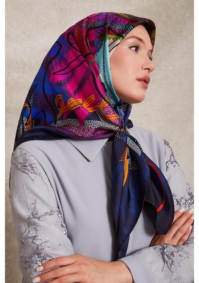 Levidor Karmaşık Desen Twill İpek Eşarp-0915 Lacivert