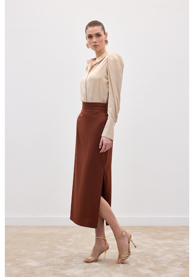 Sateen Bel Pile Detaylı Saten Etek - Kahve-136548 Kahve