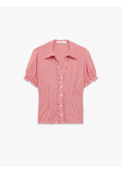 Koton Slim Fit Kısa Balon Kollu Düğmeli Klasik Yaka Pötikareli Gömlek Kırmızı Ekoseli 6sal60185ıw