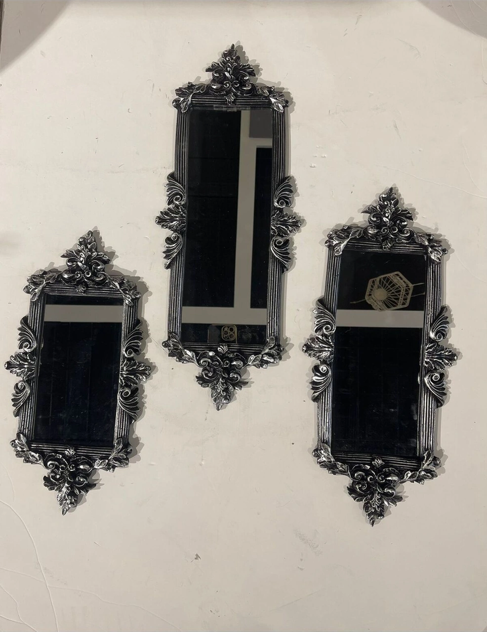 Dekoratif Polyester Üçlü Dikdörtgen Ayna Takımı Gümüş Siyah Eskitme