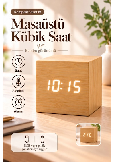 Ahşap Dijital Kübik Masa Saati Termometre Ve Alarm Çok Renkli 77535356
