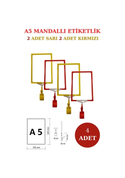 4 Adet Sarı Kırmızı A5 Mandallı Sepet Etiketi Çerçeveli Etiketlik Sarı Kırmızı