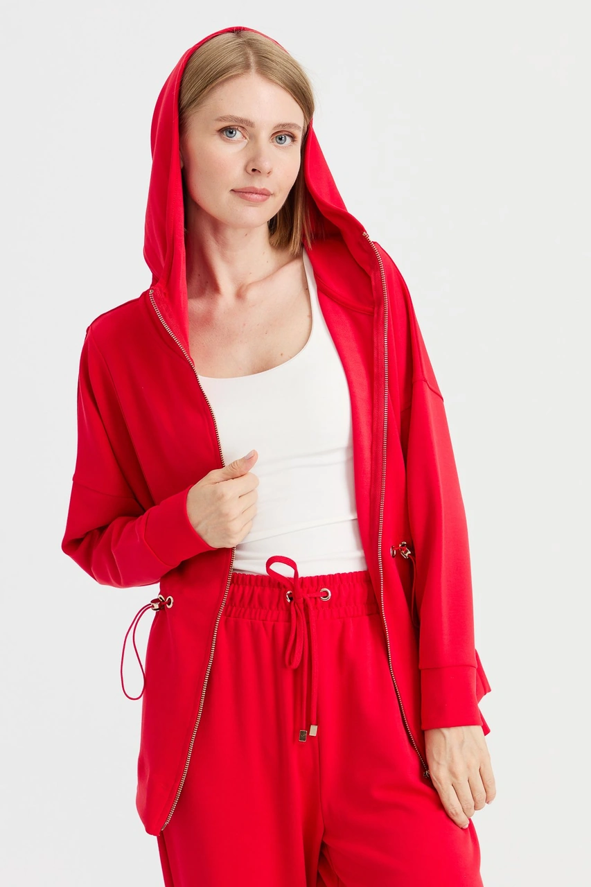 Kadın Kapüşonlu Beli Büzgülü Sweat Kırmızı Kırmızı