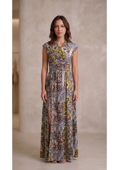Alyn Wear Kadın Omuzlardan Açık Yakadan Çapraz Geçme Detaylı Yırtmaçlı Desenli Uzun Süprem Elbise Sarı Alyn Wear Kadın Omuzlardan Açık Yakadan Çapraz Geçme Detaylı Yırtmaçlı Desenli Uzun Süprem Elbise Sarı