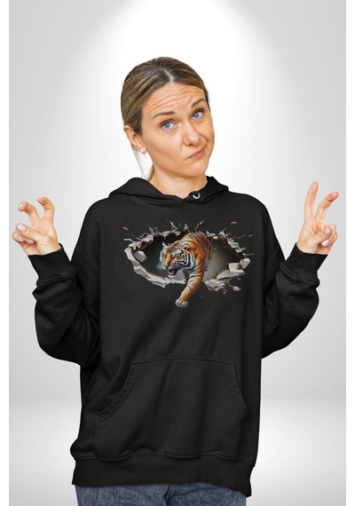Kırık Duvar Kaplan Kadın Erkek Siyah Kapüşonlu Sweatshirt Hoodie Siyah
