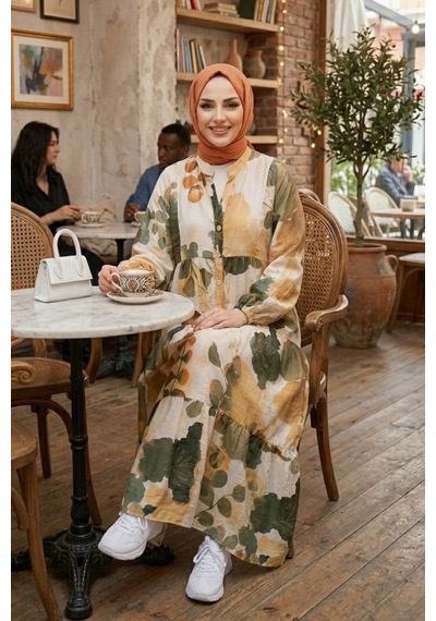 Hb Harma Time Butik Kadın Rahat Kesim Desenli Modal Kumaş Haki Elbise