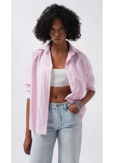 Defymoda Çizgili Detay Oversize Gömlek Pembe