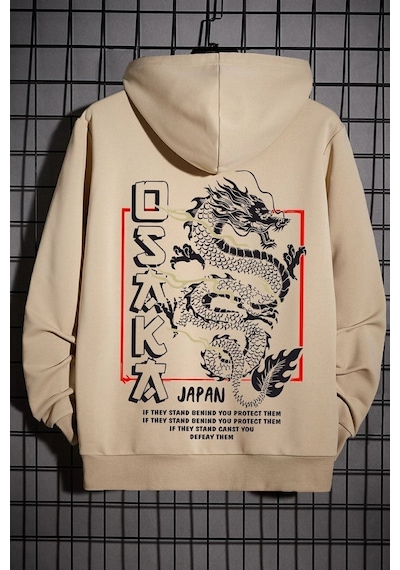 Uyguntarz Unisex Osaka Baskılı Kapüşonlu Sweatshirt Bej