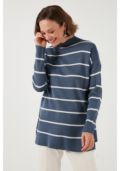 Lela Çizgili Dik Yaka Onesize Triko Bayan Kazak 4615197Y Indigo-Krem