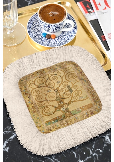 Sanat Eseri Şıklığı Saçaklı Sunum Peçetesi - Doğanın Gücü Bohem Altın Renkli Bardak Altlığı Mendil Çok Renkli