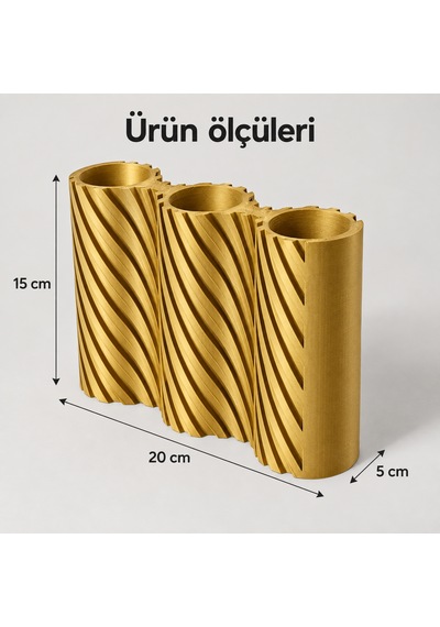 Çizgili Modern Tasarım Üç Bölmeli Dekoratif Vazo - Çiçeklik Altın