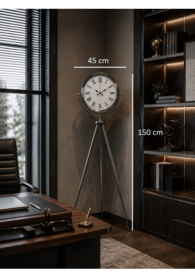 Krom Roma Rakamlı 150 X 45 Cm Metal Tripod Ayaklı Saat