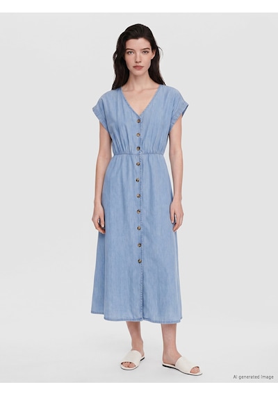 Lcw Comfort İndigo V Yaka Belden Oturtmalı Jean Elbise