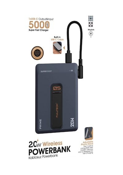 5.000 Mah Wireless Kendinden Kablolu Standlı Şarj Göstergeli Taşınabilir Powerbank 20w Hızlı Şarj Siyah