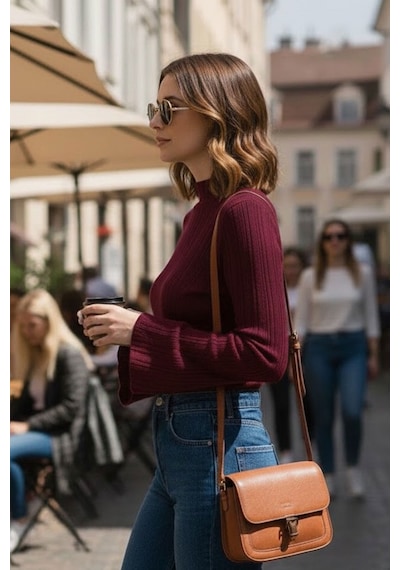 Tarz Cool Kadın Bordo İspanyol Kol Yarım Balıkçı Detaylı Triko Kazak Bordo