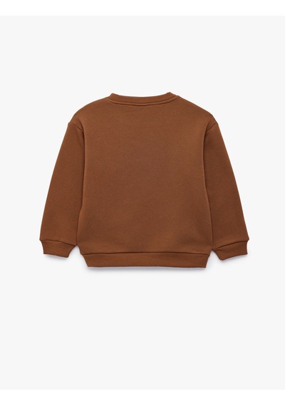 Koton Nakışlı Şardonlu Bisiklet Yaka Uzun Kollu Oversize Sweatshirt Kahverengi 7wmb10139tk Kahve