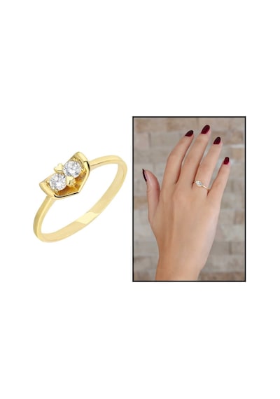 Zirkon Taşlı "V" Tasarım Gold Renk 925 Ayar Gümüş Bayan Yüzük (531208856)