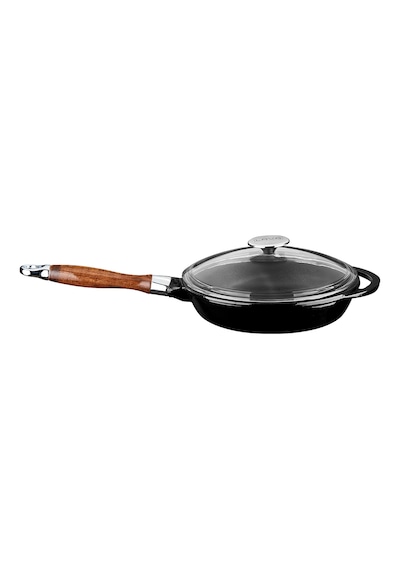 Lava Döküm Kızartma Tavası Ahşap Kulplu Cam Kapaklı Siyah 28cm