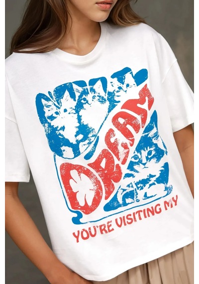 Hiccup Kadın %100 Pamuk Bisiklet Yaka Oversize Beyaz Baskılı T-shirt Kırmızı