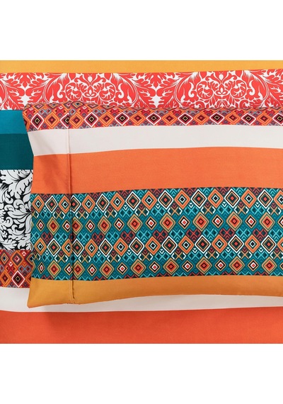 Boho Çizgili Yumuşak Çarşaf 6 Parça Set, Kraliçe, Turkuaz Ve Mandalina Çok Renkli