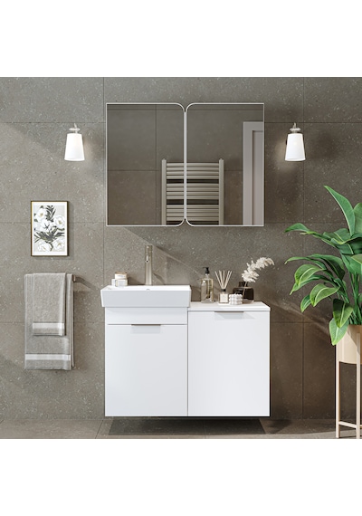 Dubai Sepetli Mdflam Banyo Dolabı, Lavabolu Banyo Alt Dolabı + Aynalı Banyo Üst Dolabı Takımı Beyaz