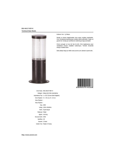 Avonnı Bsu-68137-bsy-k Siyah Elektrostatik Toz Boyalı Dış Mekan Aydınlatma, E27, Aluminyum, Polikarbon Cam, 10cm Sku: Smgstk943e8a769a