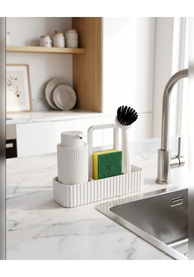 Beyaz Mutfak Lavabo Üstü Düzenleyici Set Sünger Dahil Süngerlikli Deterjanlık Bulaşık Fırçalı Tezgah Organizer