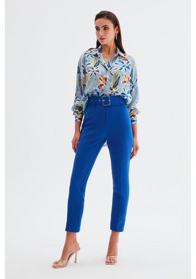 Sateen Yüksek Bel Kemerli Pantolon - İndigo-132324 İndigo